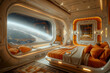 a futuristic bedroom onboard a spacecraft orbiting a planet