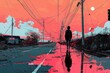 A person walking down a street with a red sky in the background. Suitable for various concepts and designs