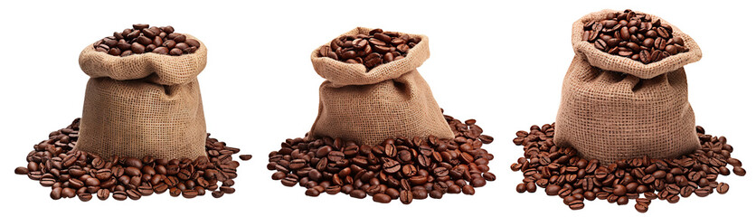 Wall Mural - Set of roasted coffee beans in burlap sacks, cut out