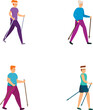 Race walking icons set cartoon vector. People doing nordic walking. Sport, outdoor activity