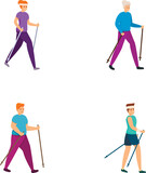 Fototapeta Lawenda - Race walking icons set cartoon vector. People doing nordic walking. Sport, outdoor activity