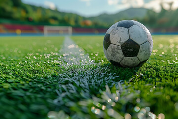 Ball on the green field in soccer stadium. Ready for game in the midfield, soccer ball close-up