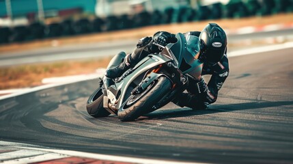 Wall Mural - A person riding a motorcycle on a race track. Suitable for sports and adrenaline-themed projects