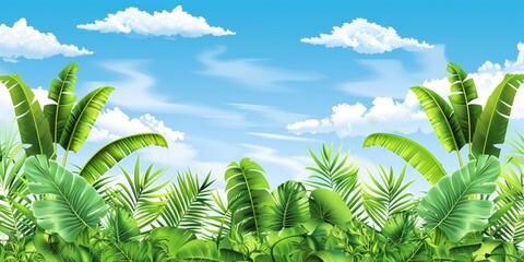 Wall Mural - A dense jungle filled with vibrant green foliage under a bright blue sky with fluffy white clouds