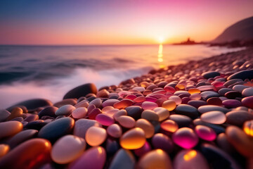 Wall Mural - Polished sea glass and stones on the seashore against a pink sunset background. Pebble beach