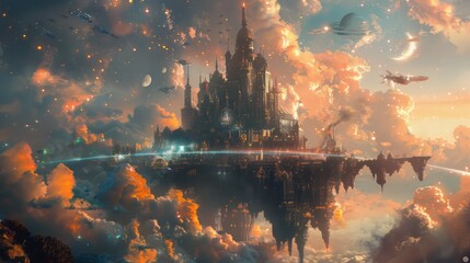 Poster - A castle is floating in the sky with a lot of clouds. The castle is surrounded by a lot of space and has a lot of buildings