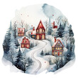 Watercolor Christmas illustration of winter landscape with cozy, lit houses and snowy trees.