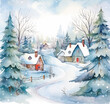 Watercolor winter village covered in snow between frosty trees