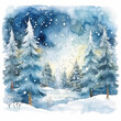 Watercolor winter scene featuring towering pine trees under a starry, snowy sky.