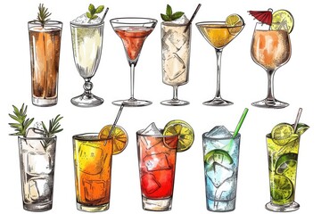 Canvas Print - Collection of different types of cocktail drinks, perfect for bar menus or party invitations