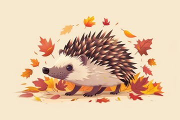 Wall Mural - Cute hedgehog surrounded by colorful autumn leaves, perfect for fall-themed designs