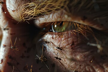 Wall Mural - Person's eye with mosquitoes, suitable for medical or horror themes