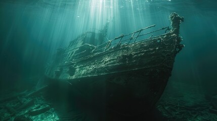 Wall Mural - An old ship long ago sunk at the bottom of the blue sea water with shining sunlight. AI generated