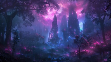 Wall Mural - a forest with purple trees and a purple sky