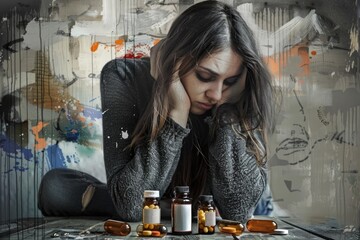 Wall Mural - Woman sitting at a table with bottles of pills. Suitable for medical and healthcare concepts