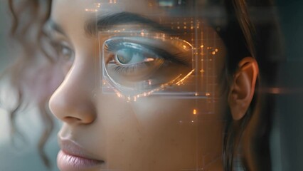 Poster - A close-up of a womans face with a futuristic cyber eye that is digitally enhanced, creating a striking visual contrast.