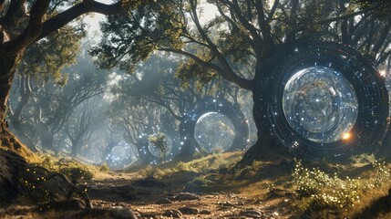 Wall Mural - a forest with a path and trees with glowing orbs. the orbs are floating in the air and the trees are