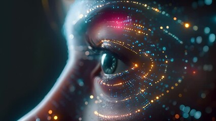 Fototapete - A close-up of a human eye with glowing digital patterns representing data and connectivity.