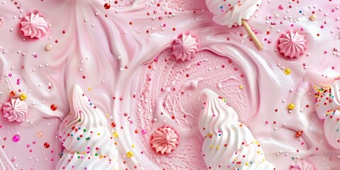 Wall Mural - A delicious pink cake with white frosting and colorful sprinkles. Perfect for bakery or celebration concepts