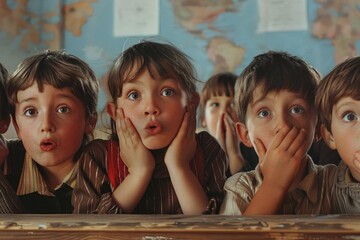 Sticker - Group of children sitting together at a desk, suitable for educational concepts