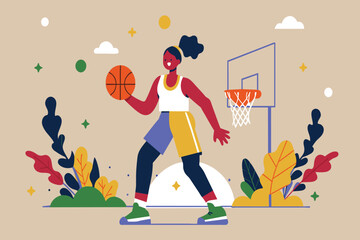 A woman dribbles a basketball by an outdoor hoop