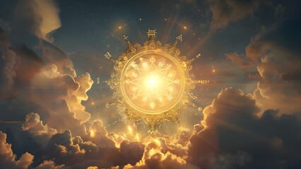 illustration of astrologys power with a golden zodiac shining in the sky . concept astrology, zodiac