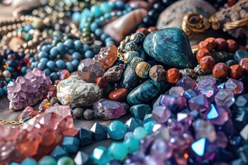 Wall Mural - A variety of colorful stones arranged on a table. Ideal for interior design projects