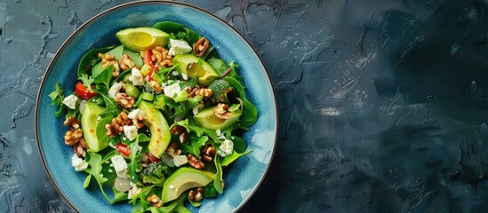 Wall Mural - Vibrant midday meal - spring salad comprising of crisp greens, avocado, walnuts, feta cheese, and olive oil served in a blue bowl. The dish is presented in a top-down view on a soft stone backdrop,