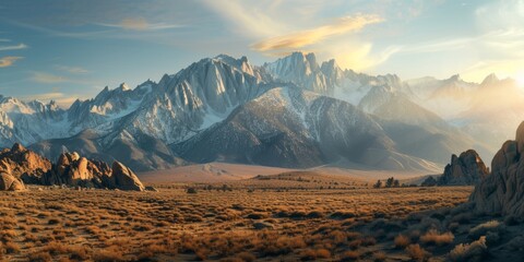 Wall Mural - Panoramic view of snow mountains range landscape. Generative AI.