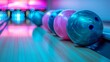 Colorful neon bowling balls on polished lane in modern bowling alley, vibrant and bright setting