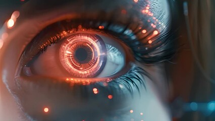 Fototapete - Close-up of a high-tech cyber eye with glowing interface elements.
