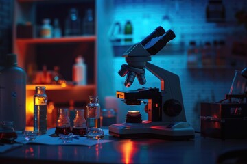 Canvas Print - A microscope sitting on a table in a laboratory. Useful for scientific and research concepts