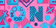 A pink and blue pattern with geometric shapes, including the letters X O N. The design includes squares, triangles, circles, lines, and stripes in various sizes