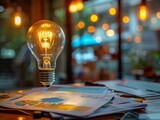 Light bulb floating above a desk with papers and charts.