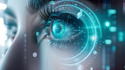 Fototapete - A detailed view of a persons eye with a high-tech, futuristic interface visible in the background.