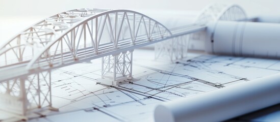 a bridge design blueprint showing architectural details and a model of an iron drawbridge