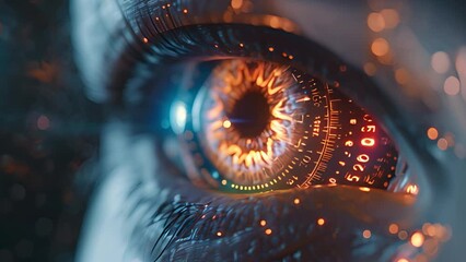Fototapete - A close-up view of a cybernetic eye with glowing digital enhancements.