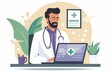 © Venoxide - Doctor on a laptop screen conducting a virtual consultation with a patient, comfortable home environment, emphasis on the technology. Flat illustration