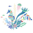 Vector Illustration of Sealife Print with Seahorse.
