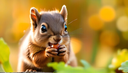 Wall Mural - A baby squirrel eating an acorn with a blurred background and shallow depth of field