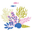 Vector Illustration of Sealife Print with Seaweeds.