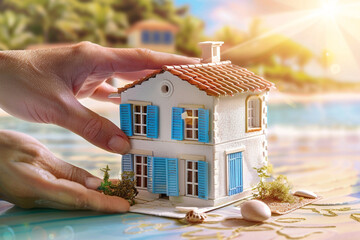 Canvas Print - Hands gently placing a tiny, Mediterranean-style house with blue shutters and a terracotta roof, against a soft-focus background of a sun-drenched seaside.