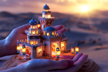 Sticker - Hands gently presenting a tiny, detailed Arabian nights palace with a magic carpet and lanterns, set against a softly focused, desert night backdrop.