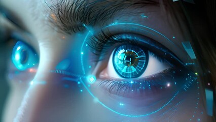 Wall Mural - Close-up view of a human eye with futuristic blue digital overlays.