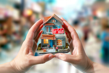 Canvas Print - Hands holding a miniature house model with a 