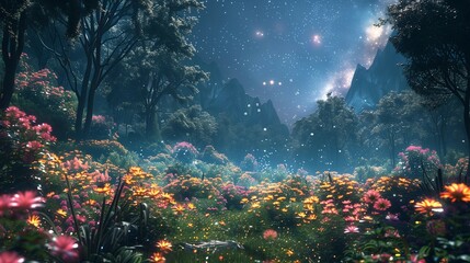 Wall Mural - Flexible Trees and Flowers under Starry Sky, generative ai