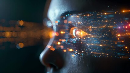Poster - Close-up view of a face overlaid with digital data, representing technology integration.