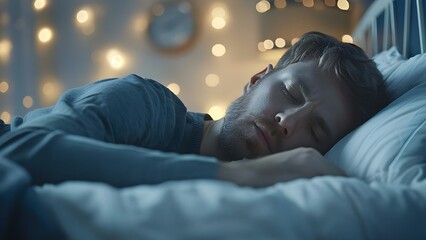 Anxious person with insomnia stares at alarm clock in bed. Concept Anxiety, Insomnia, Alarm clock, Bed, Stressed