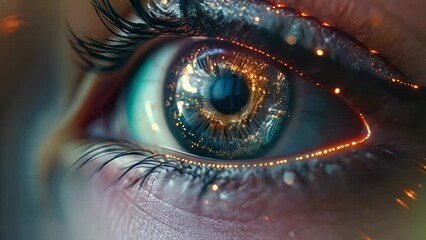 Poster - Detailed shot of a blue eye with golden glitter highlights.