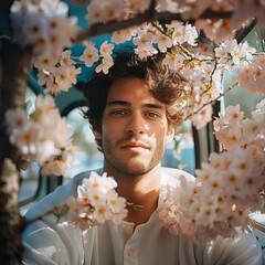 Poster - Portrait of a young man surrounded by cherry blossoms